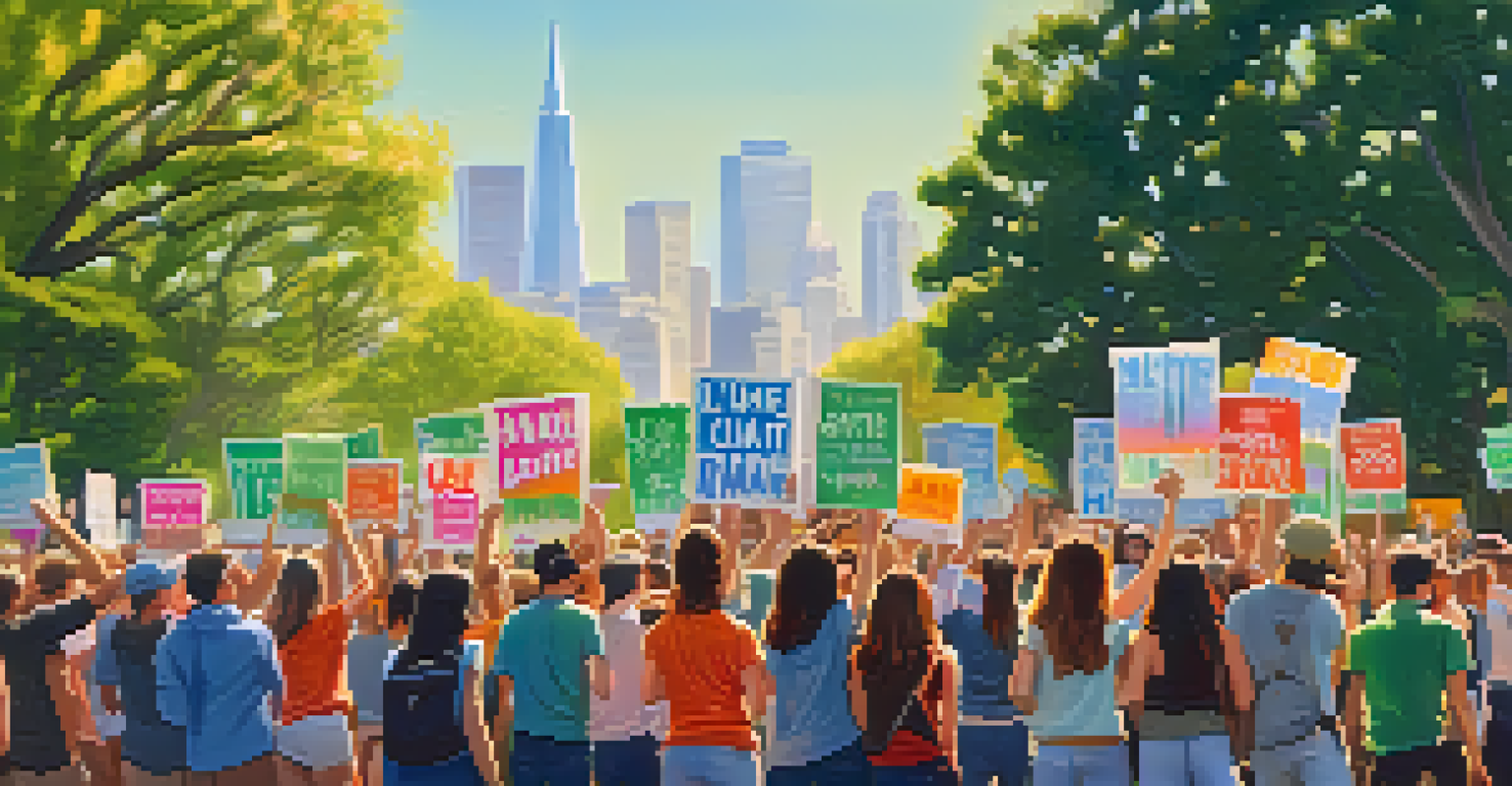 Youth activists rallying for climate action in a San Francisco park, holding signs with vibrant colors and the city skyline behind them.