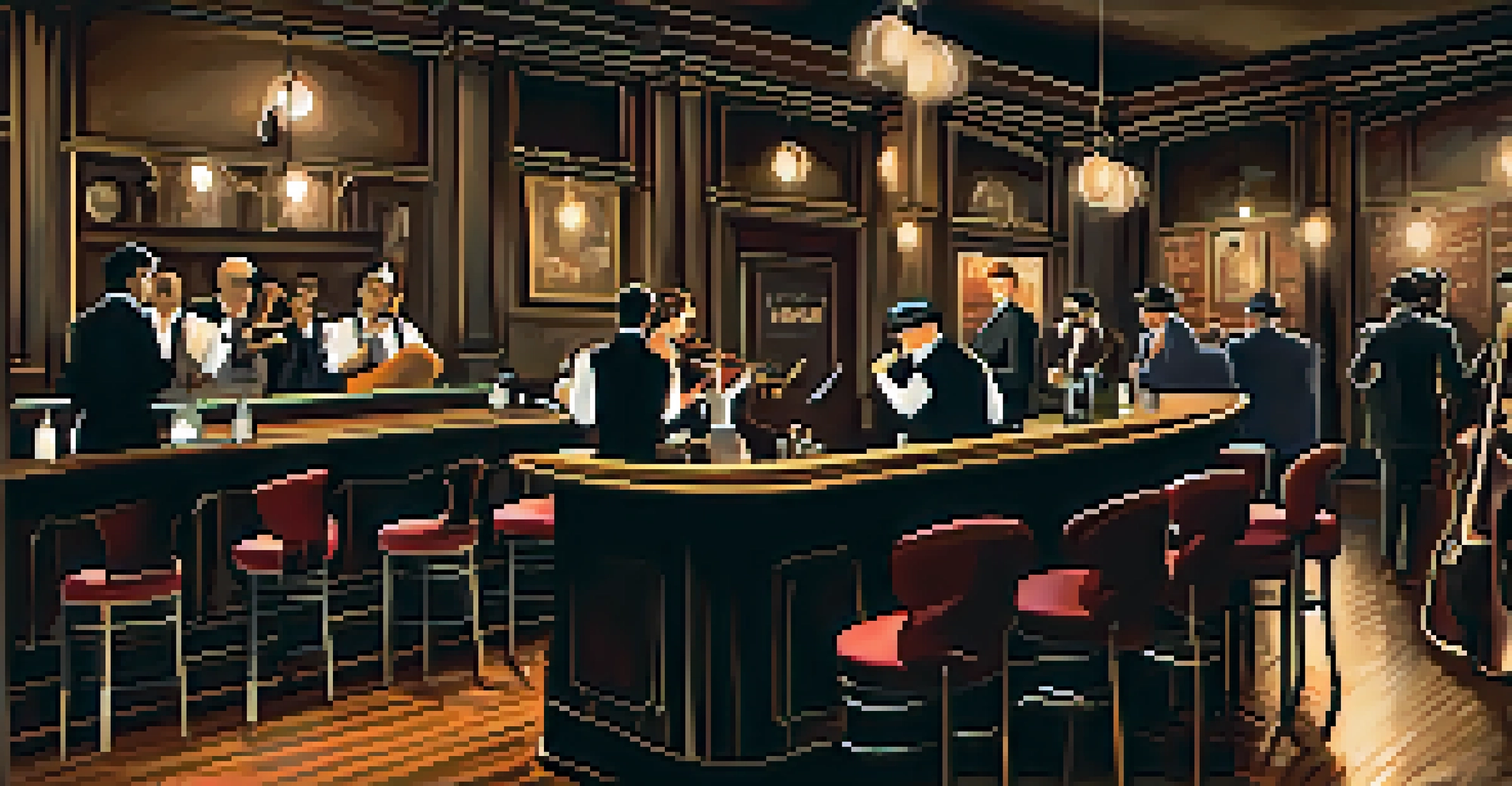 A cozy speakeasy with vintage decor, dim lighting, and a jazz band, where patrons enjoy cocktails at round tables.