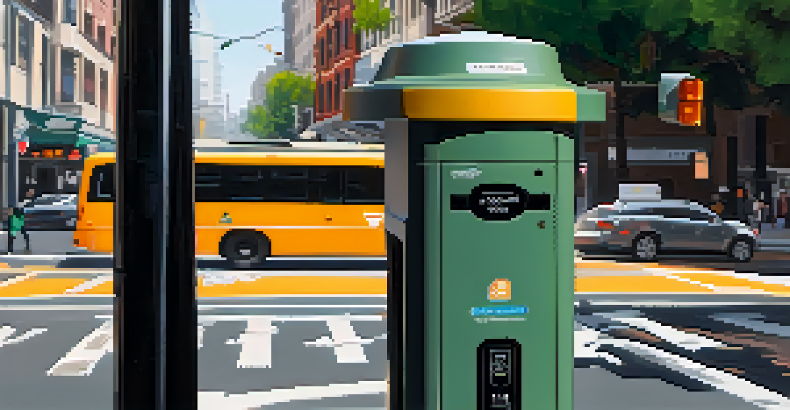 An air quality monitoring sensor on a lamppost in a San Francisco street, surrounded by people and greenery, highlighting sustainable transportation options.