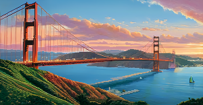 A sunset view of the Golden Gate Bridge with orange and pink sky colors, city skyline, and green hills in the foreground.