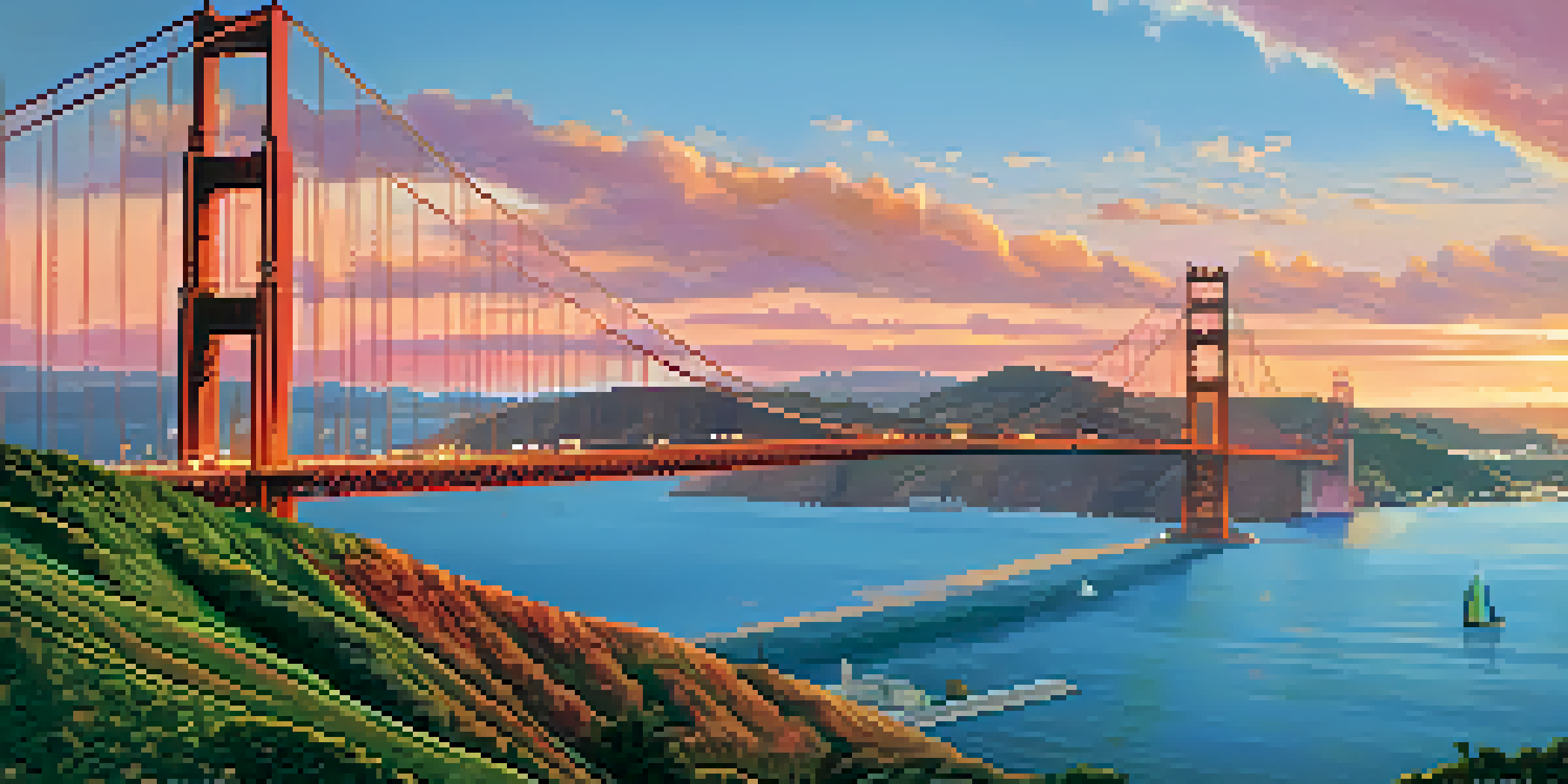 A sunset view of the Golden Gate Bridge with orange and pink sky colors, city skyline, and green hills in the foreground.