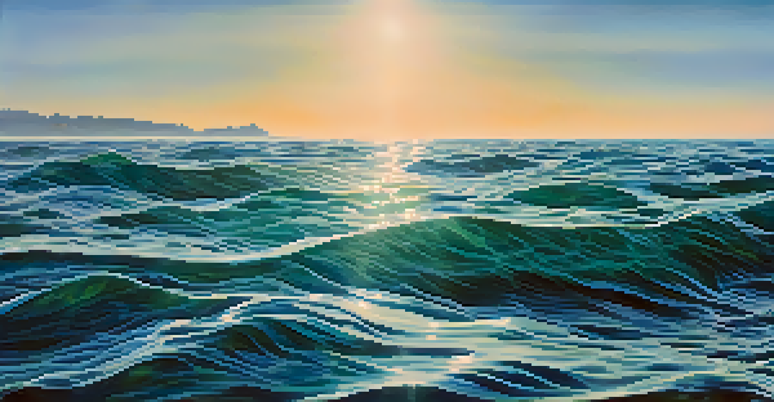 Close-up of the ocean surface with visible water currents and small fish swimming near the top.