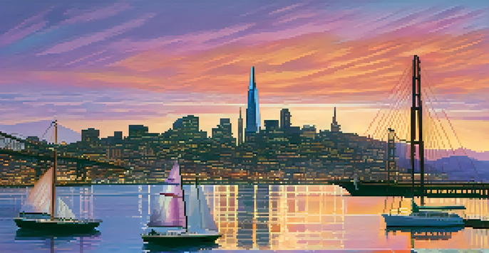 A panoramic sunset view of San Francisco skyline with the Golden Gate Bridge and Transamerica Pyramid, featuring vibrant colors in the sky and sailboats in the water.