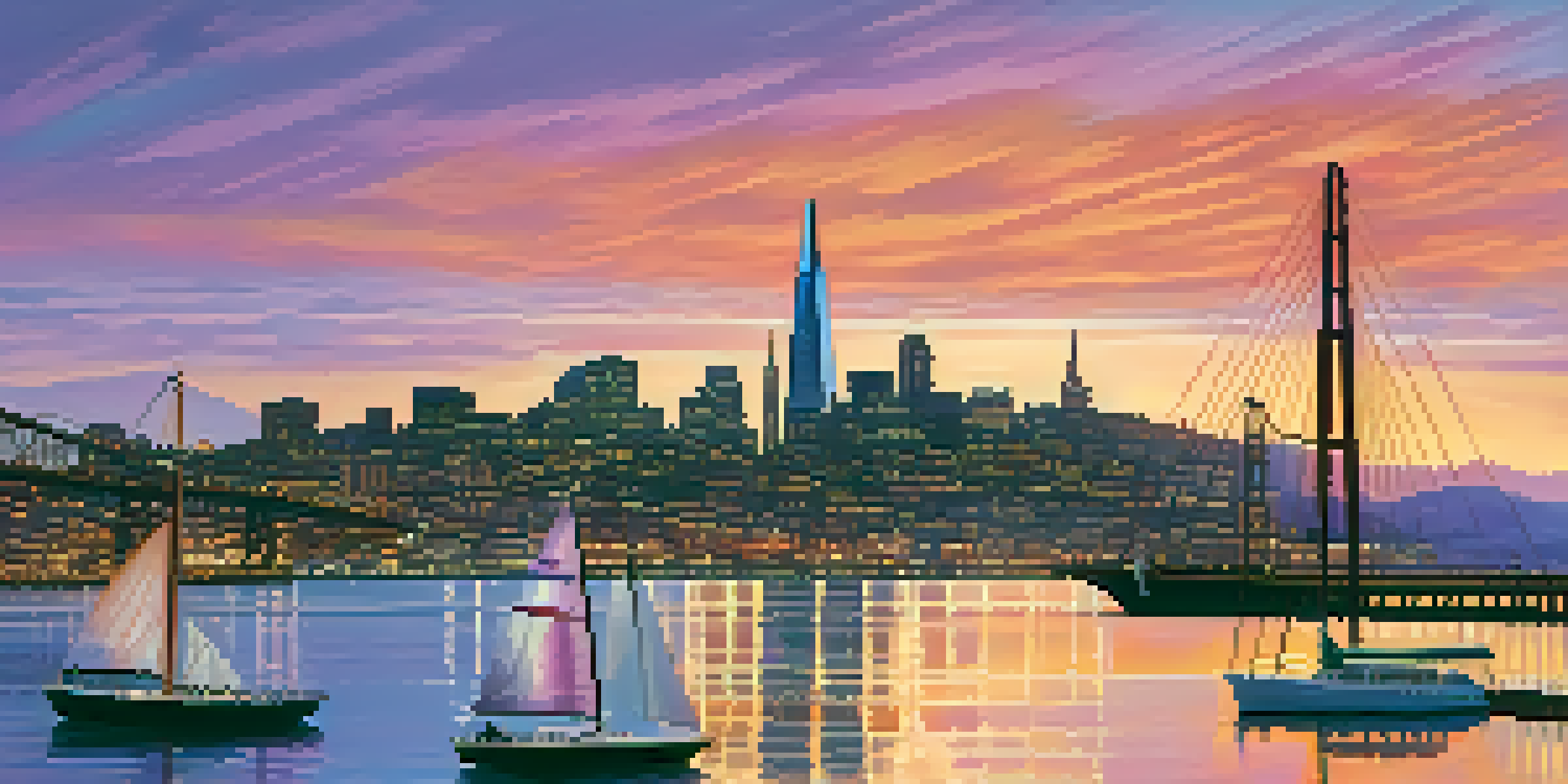 A panoramic sunset view of San Francisco skyline with the Golden Gate Bridge and Transamerica Pyramid, featuring vibrant colors in the sky and sailboats in the water.