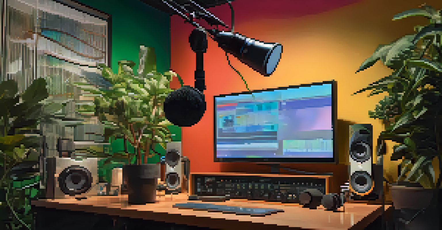 A modern podcast studio in San Francisco with audio equipment and a colorful backdrop.