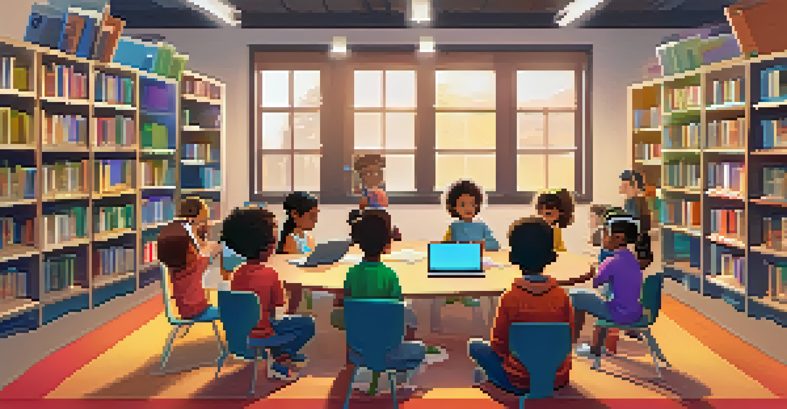 Children learning coding at a library workshop with a librarian, surrounded by colorful bookshelves and STEM materials.