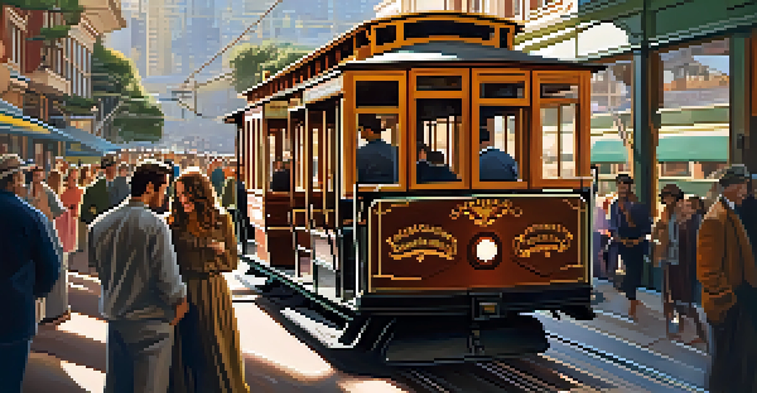 Inside a San Francisco cable car, passengers sit on vintage wooden benches, with sunlight streaming through the windows and the busy city streets visible outside.