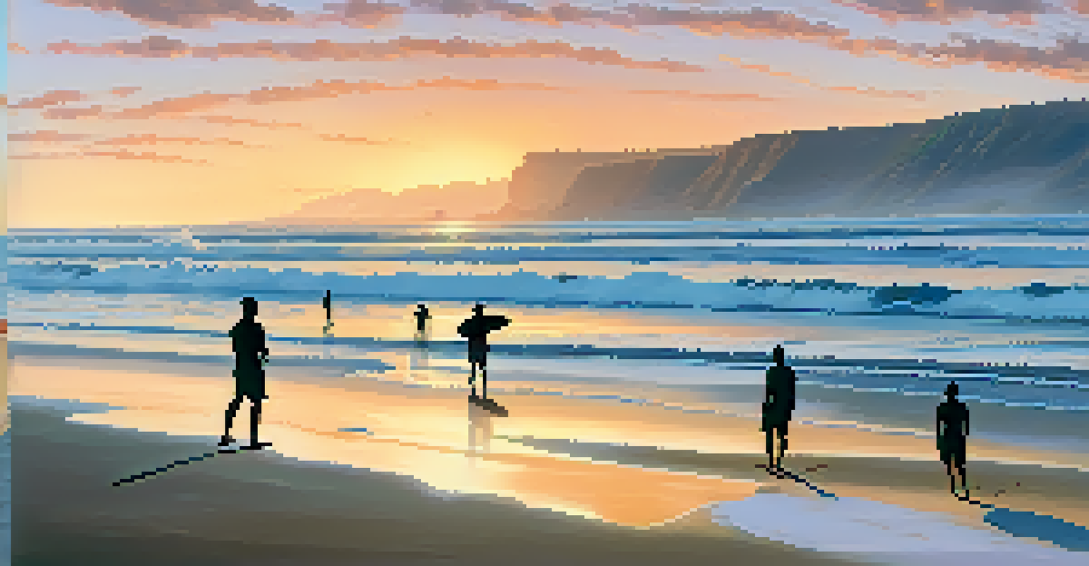 A peaceful view of Ocean Beach at sunset, with surfers on the waves and a colorful sky.