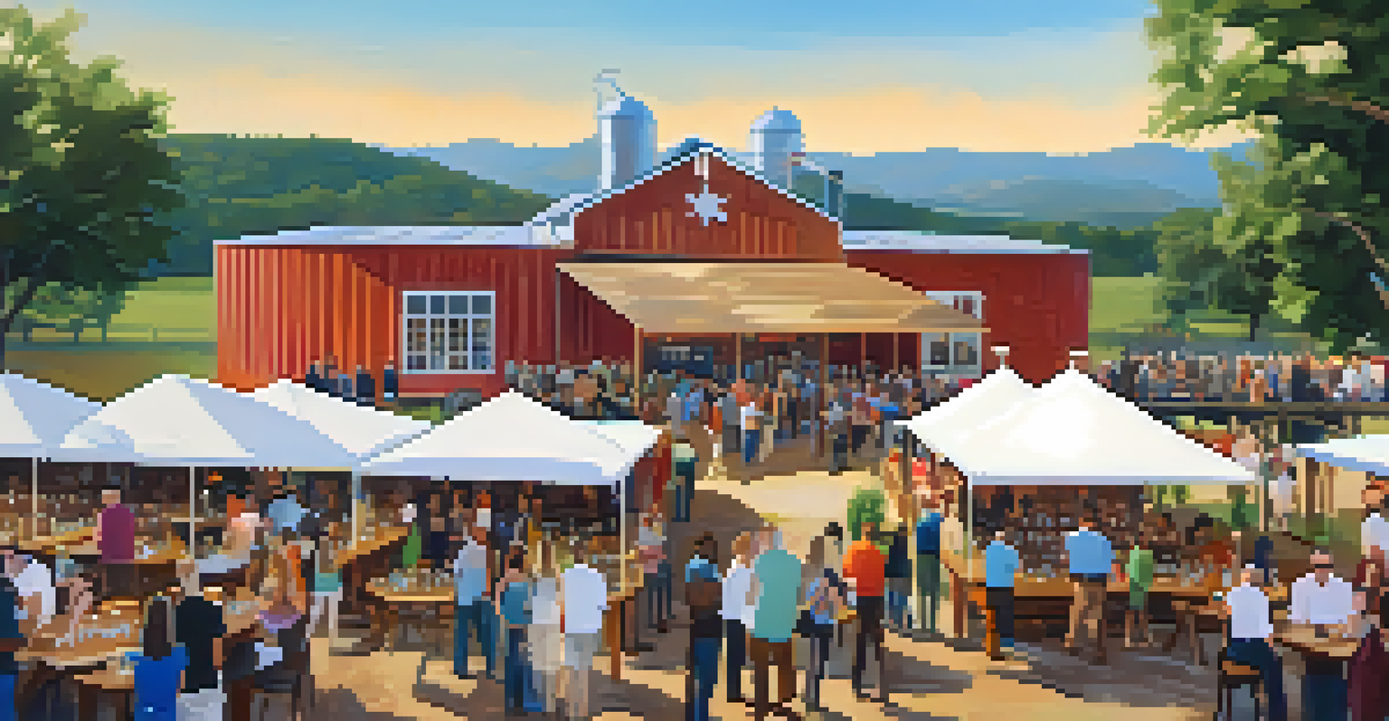 An outdoor tasting event at a Texas distillery with live music, colorful decorations, and guests enjoying spirits.