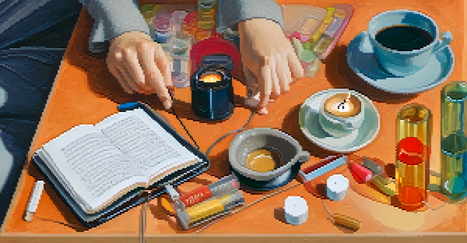 A close-up of hands engaging in the '5-4-3-2-1' grounding exercise with various items on a desk.