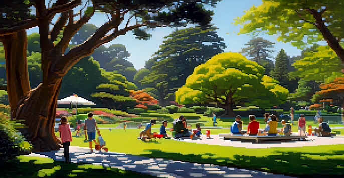 Families having a picnic in Golden Gate Park with children playing on a playground and the Japanese Tea Garden in the background.