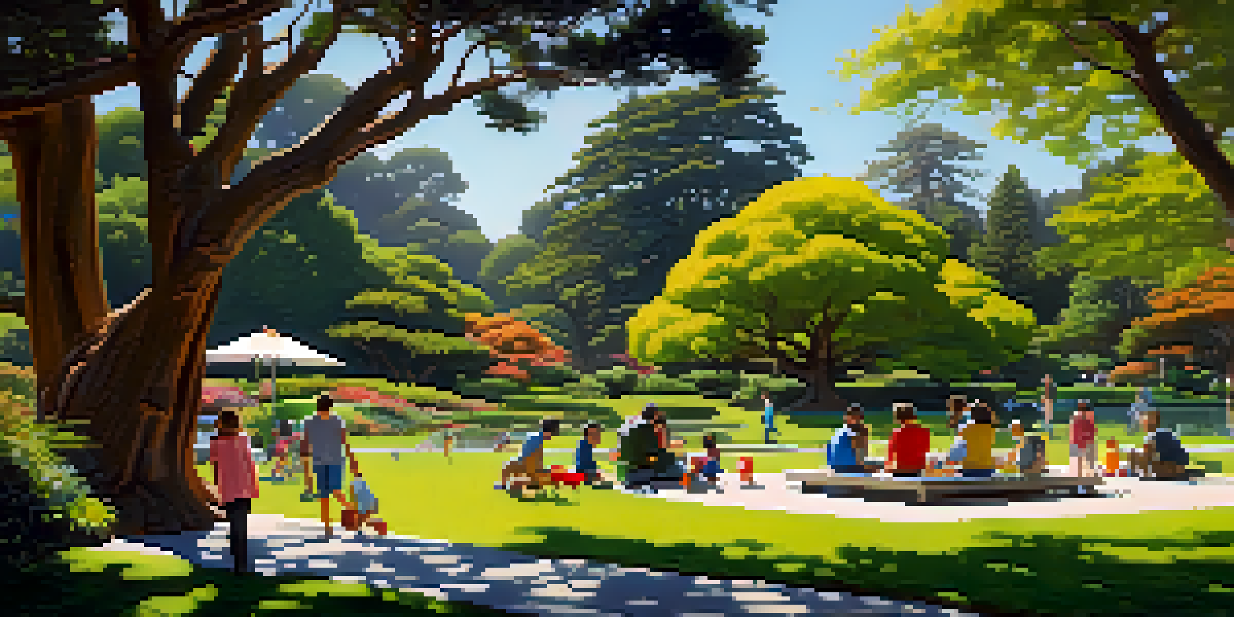 Families having a picnic in Golden Gate Park with children playing on a playground and the Japanese Tea Garden in the background.