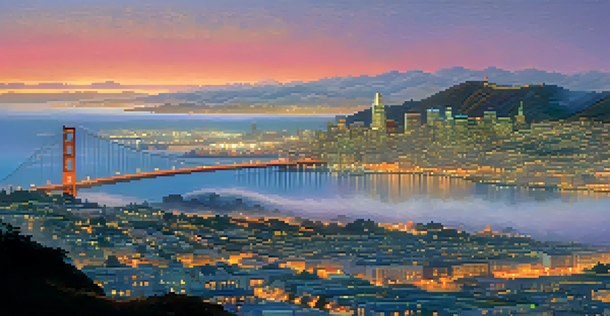 A panoramic view of San Francisco at dusk, with a colorful skyline and fog rolling in from the ocean.