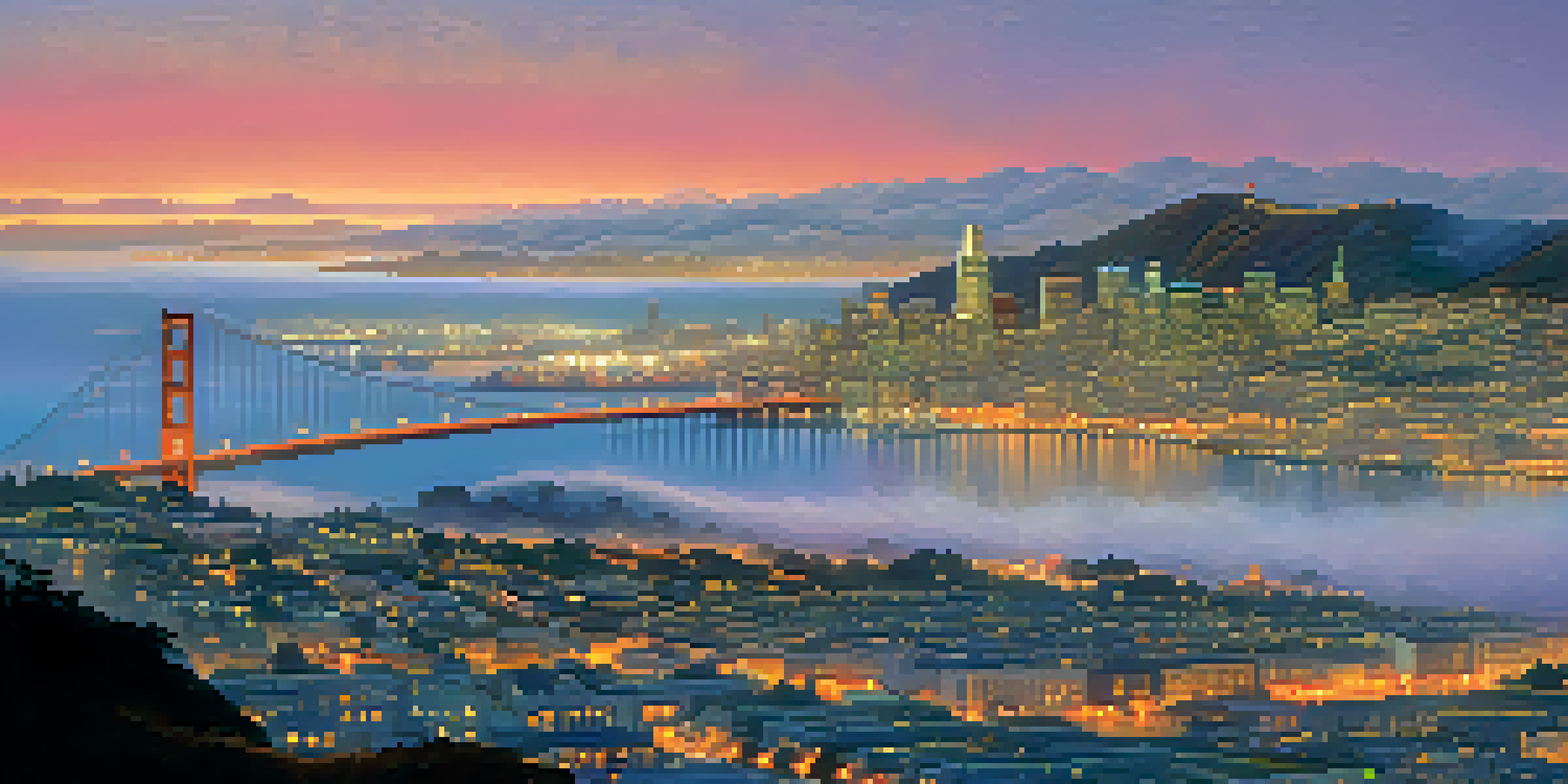 A panoramic view of San Francisco at dusk, with a colorful skyline and fog rolling in from the ocean.