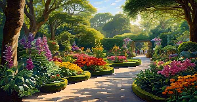 A vibrant botanical garden filled with colorful flowers and lush plants, with sunlight filtering through trees and visitors exploring the pathways.
