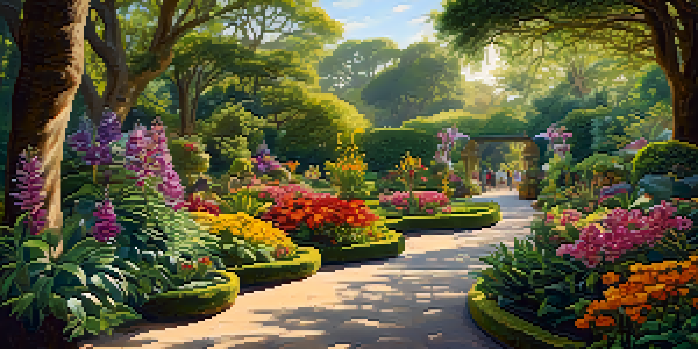A vibrant botanical garden filled with colorful flowers and lush plants, with sunlight filtering through trees and visitors exploring the pathways.