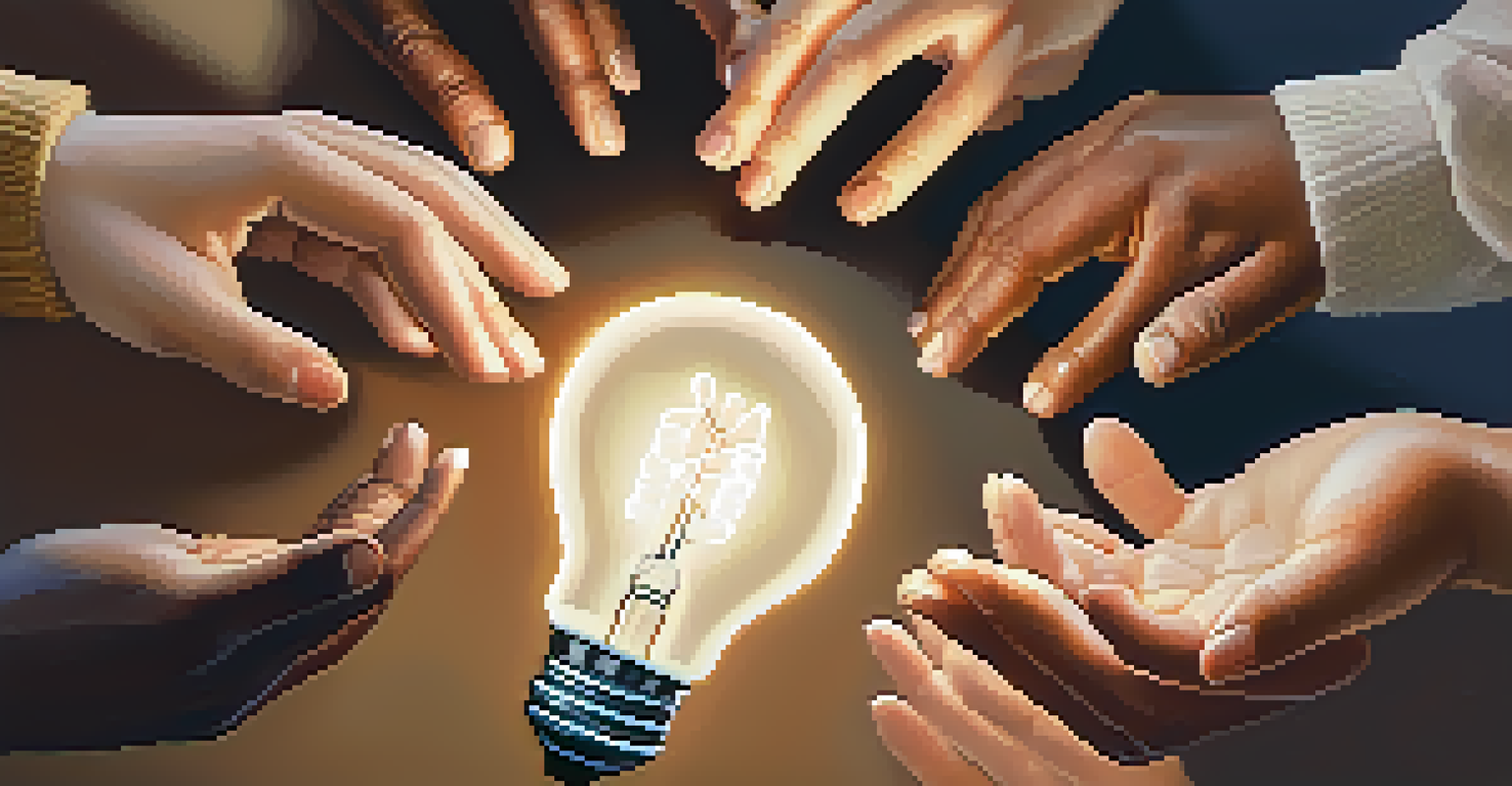 Hands of diverse individuals reaching towards a glowing light bulb, symbolizing ideas and innovation.