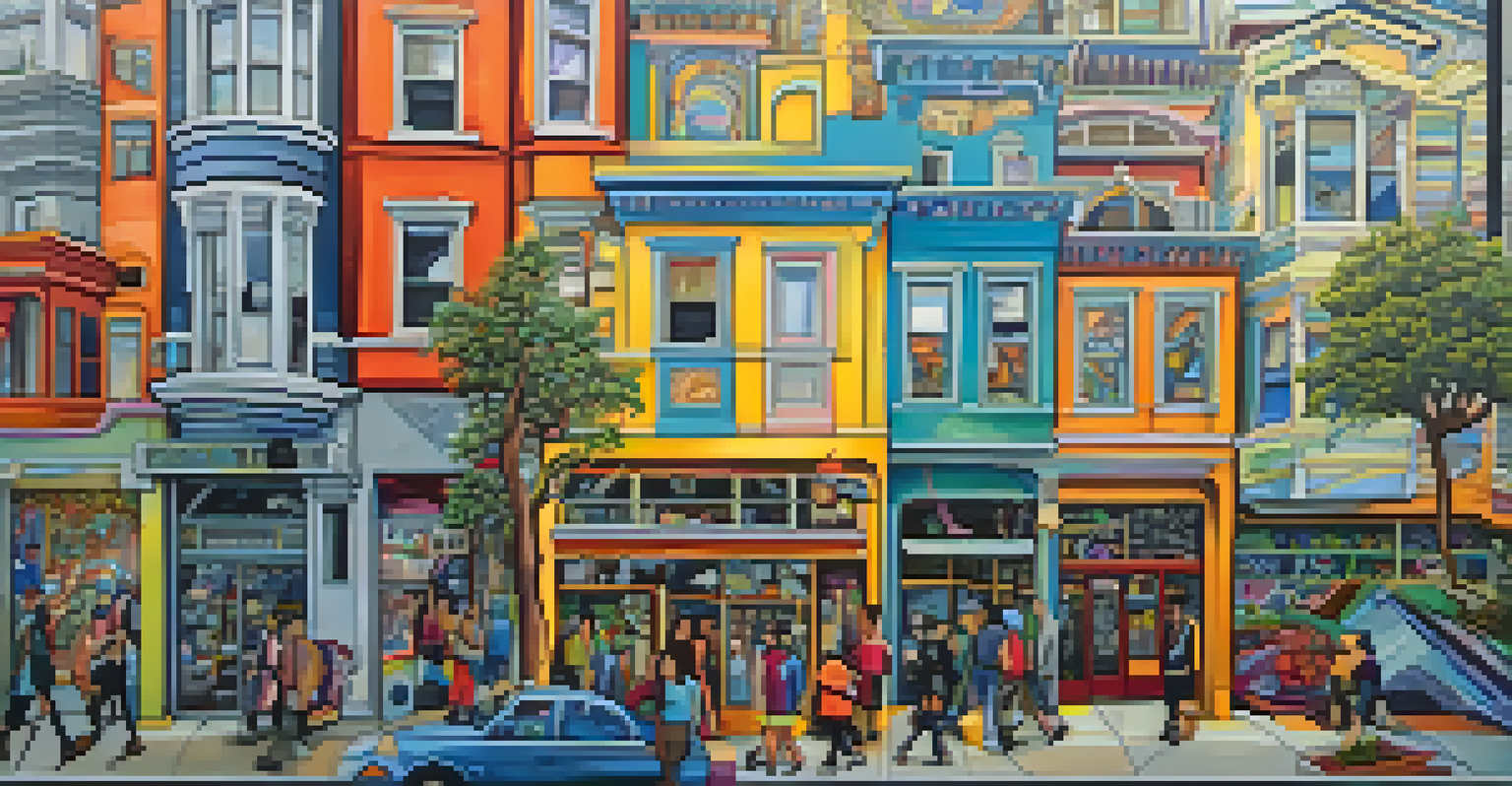 An abstract mural by Zio Ziegler featuring bright colors and whimsical shapes, set in a lively San Francisco street.