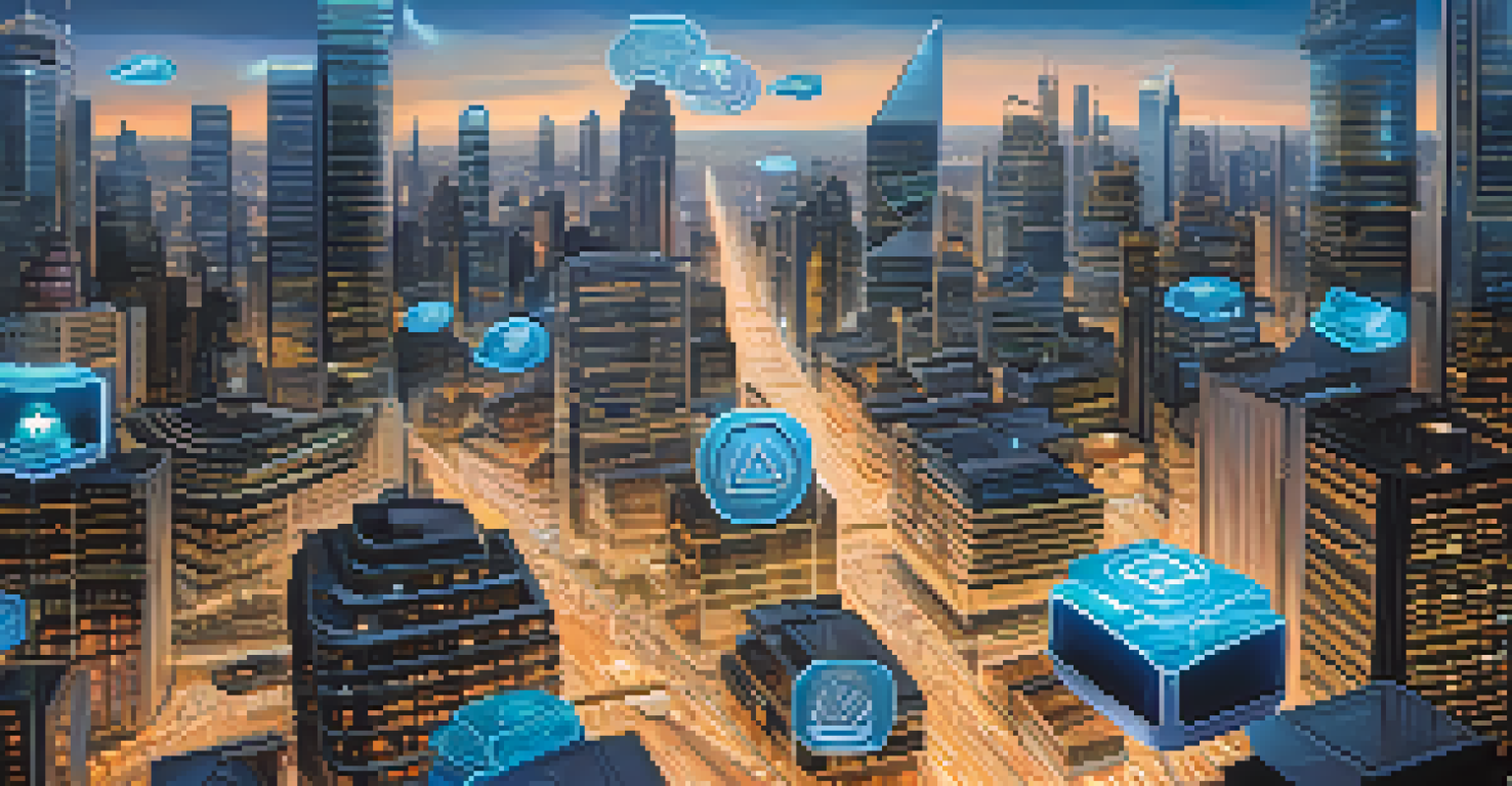 A futuristic cityscape showcasing the blend of traditional banking and digital finance technology with digital screens and autonomous vehicles.