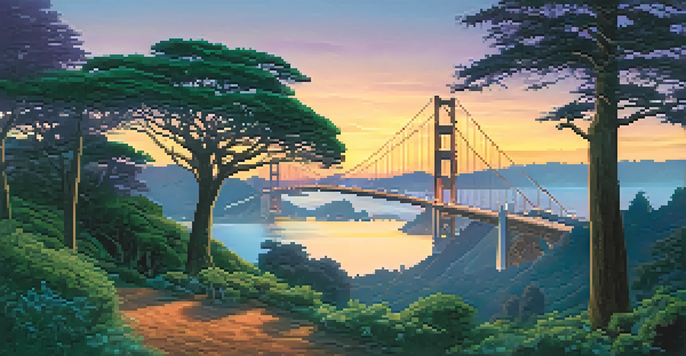 A twilight scene of the Presidio with the Golden Gate Bridge in the background and glowing orbs in the trees.