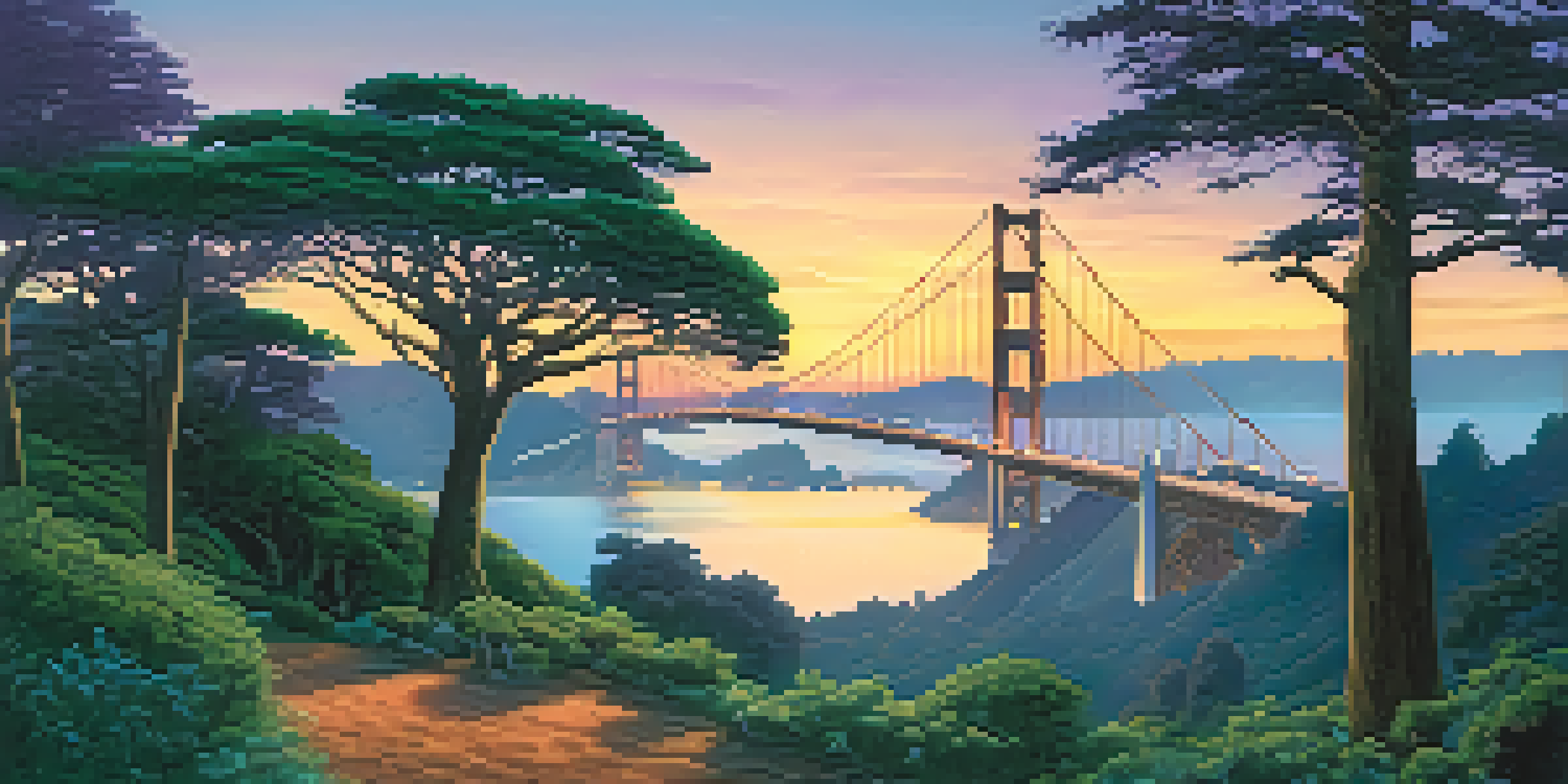 A twilight scene of the Presidio with the Golden Gate Bridge in the background and glowing orbs in the trees.