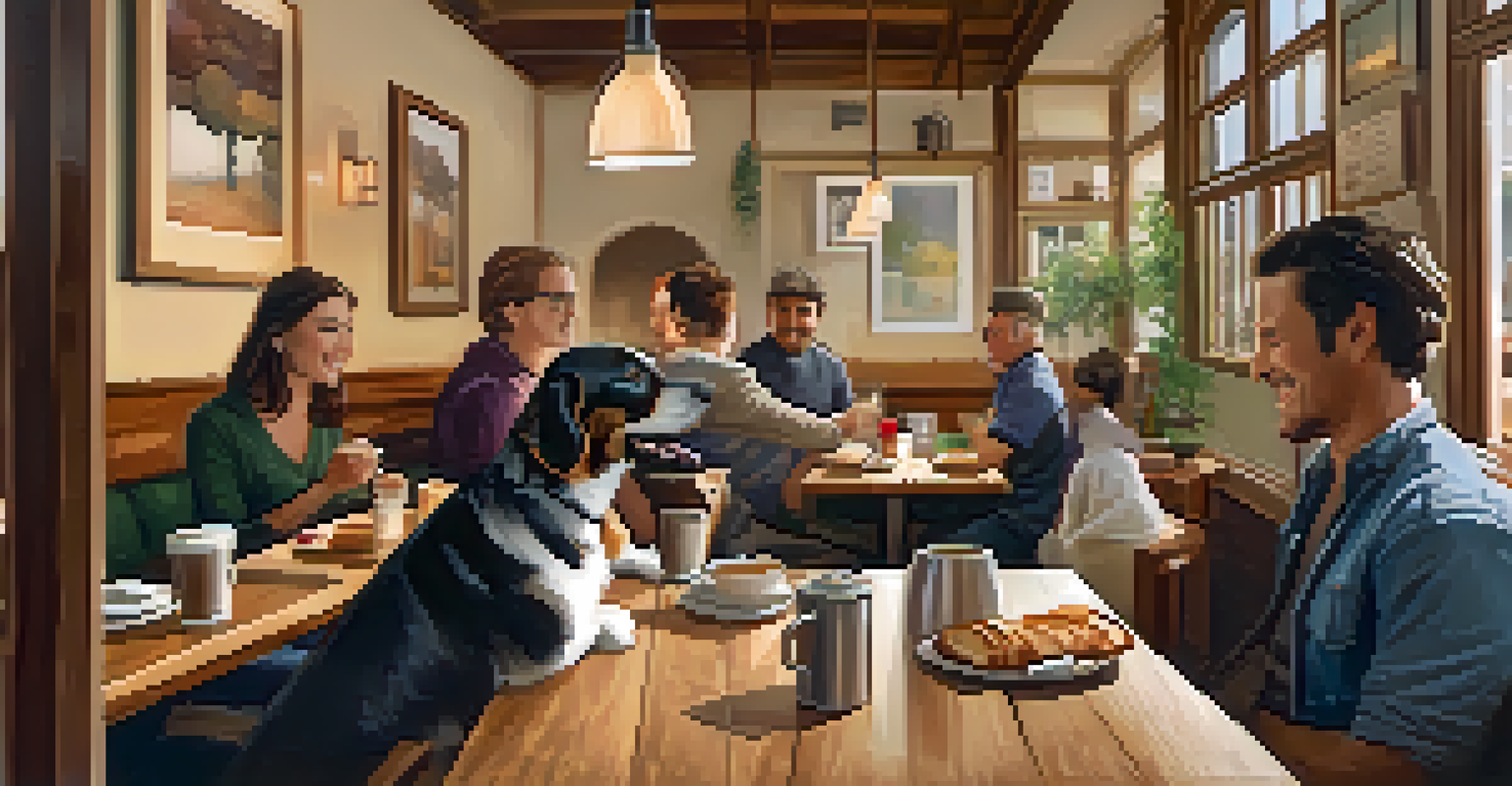 A warm café interior with wooden tables, a dog sitting beside its owner, and staff serving artisanal toast.