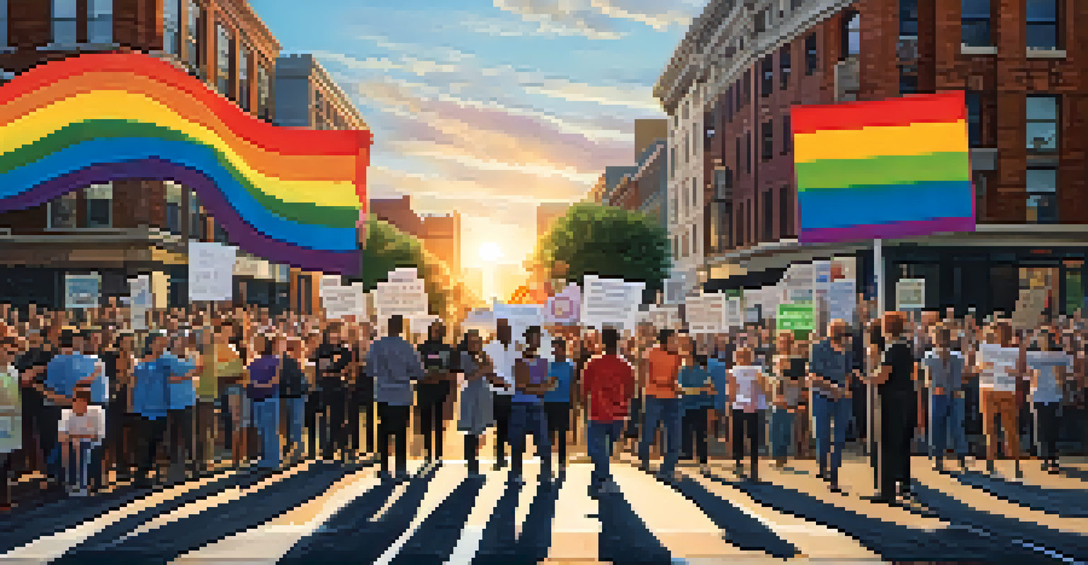 A dynamic protest scene with diverse individuals holding signs for LGBTQ+ rights, set against the backdrop of a city street at sunset.