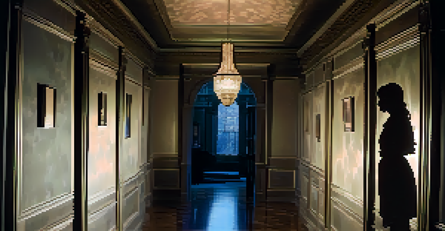A ghostly silhouette of Sarah Winchester standing in a dimly lit hallway of the mansion, gazing out a window.