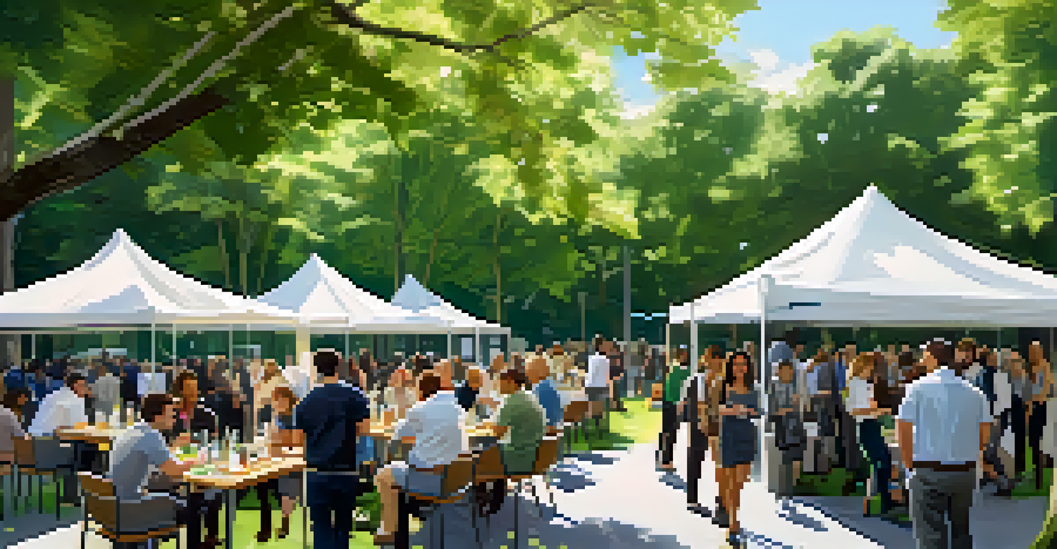 A networking event in a park where startup founders and entrepreneurs are mingling and discussing ideas, surrounded by nature.