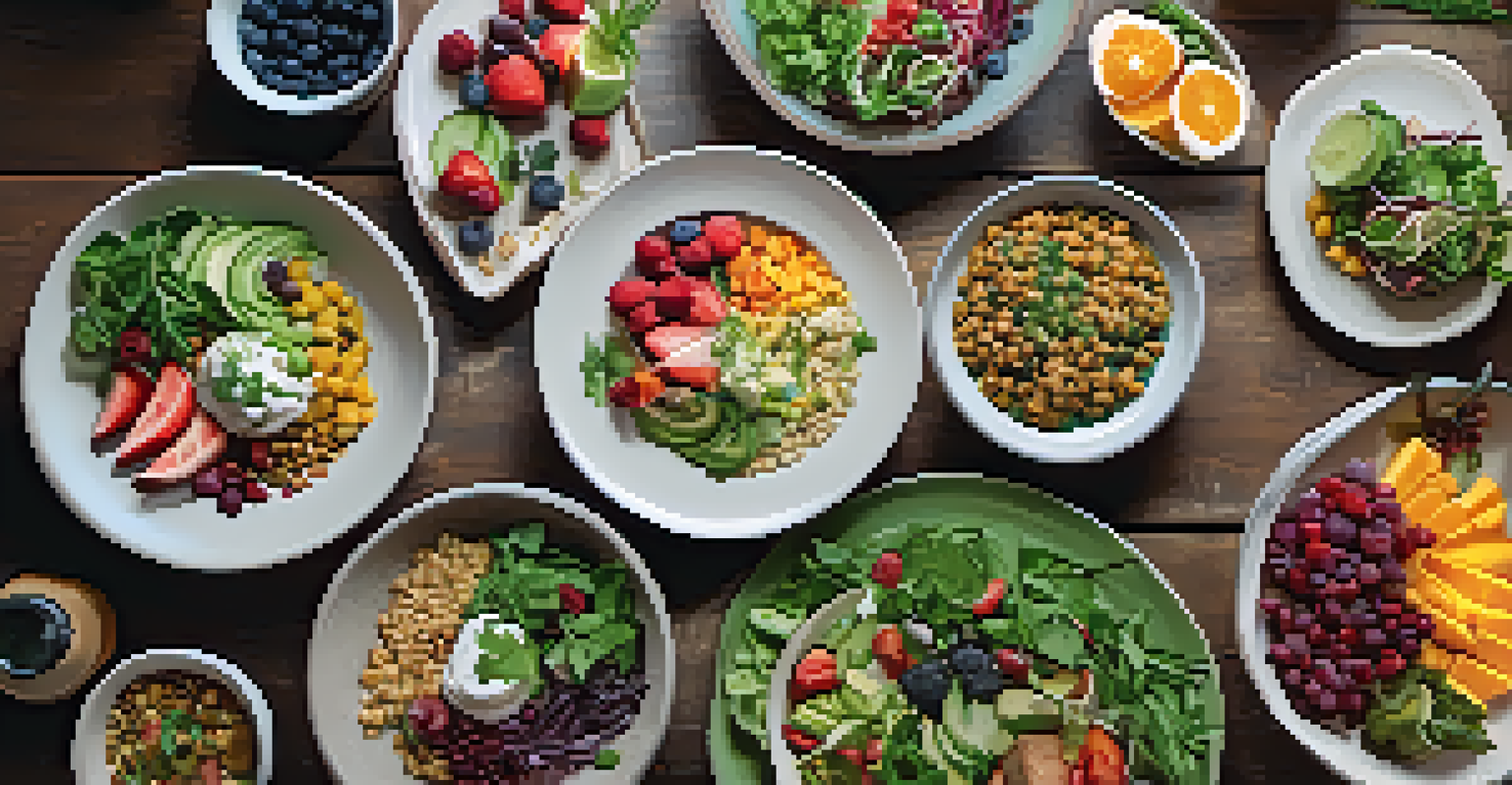 A selection of colorful plant-based dishes arranged on a wooden table.