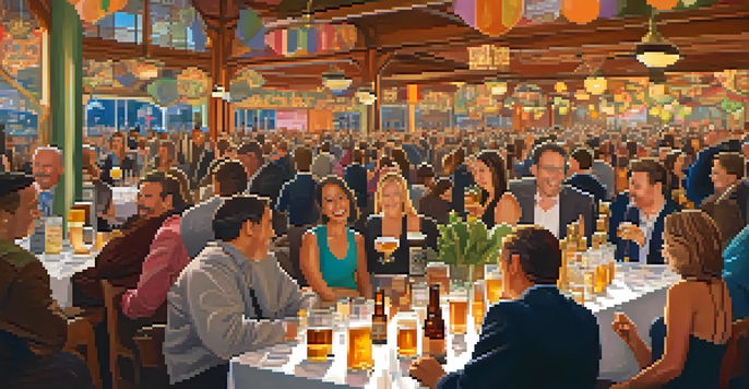 A lively indoor scene at the San Francisco Beer Week Opening Gala, with people sampling craft beers and enjoying food pairings under warm lighting.