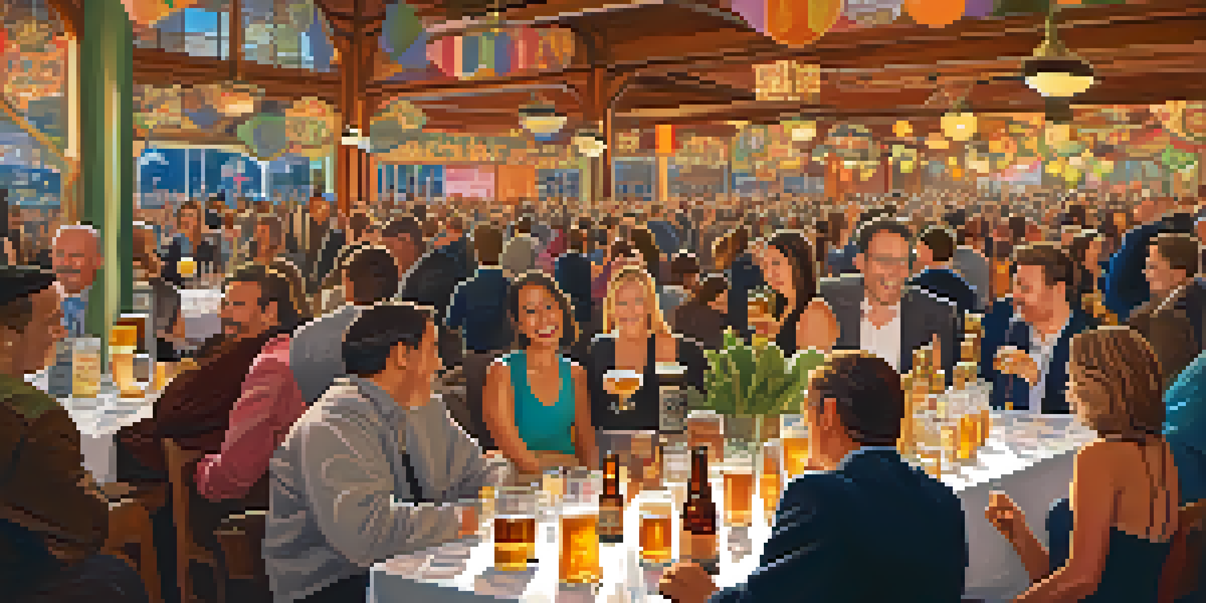 A lively indoor scene at the San Francisco Beer Week Opening Gala, with people sampling craft beers and enjoying food pairings under warm lighting.