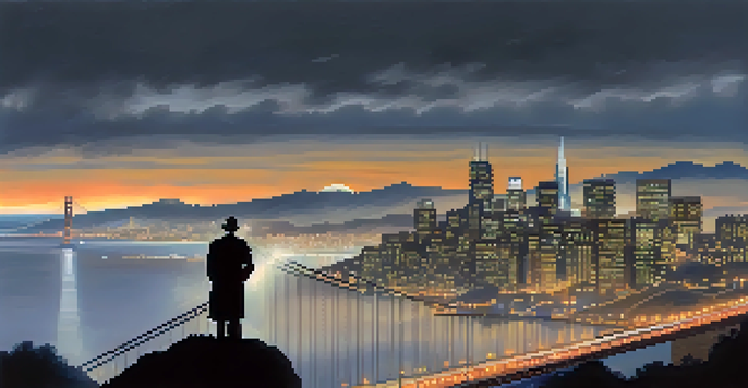 A silhouette of a detective in a trench coat on a hill, overlooking a foggy San Francisco with the Golden Gate Bridge in the background, illuminated city lights peeking through the mist.