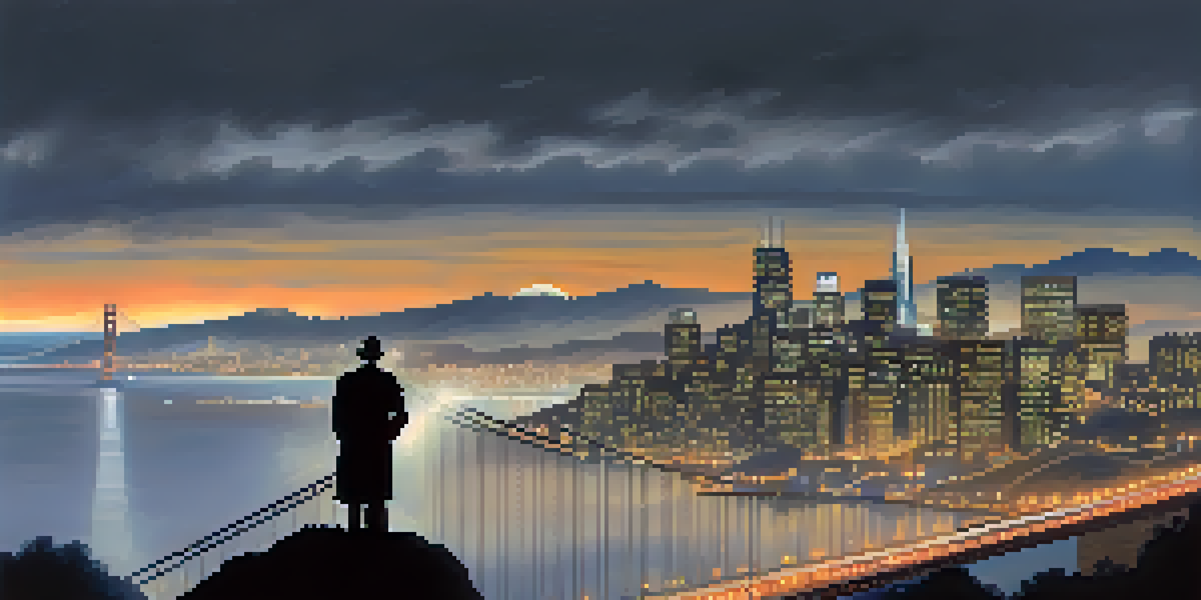 A silhouette of a detective in a trench coat on a hill, overlooking a foggy San Francisco with the Golden Gate Bridge in the background, illuminated city lights peeking through the mist.