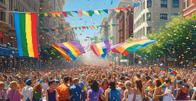 A lively street scene during San Francisco's Pride Parade with a diverse crowd, colorful costumes, and waving flags, set against iconic city buildings.