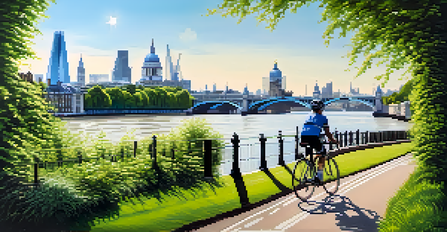 A scenic view of the River Thames with a cyclist, Tower Bridge, and the London skyline in bright daylight.