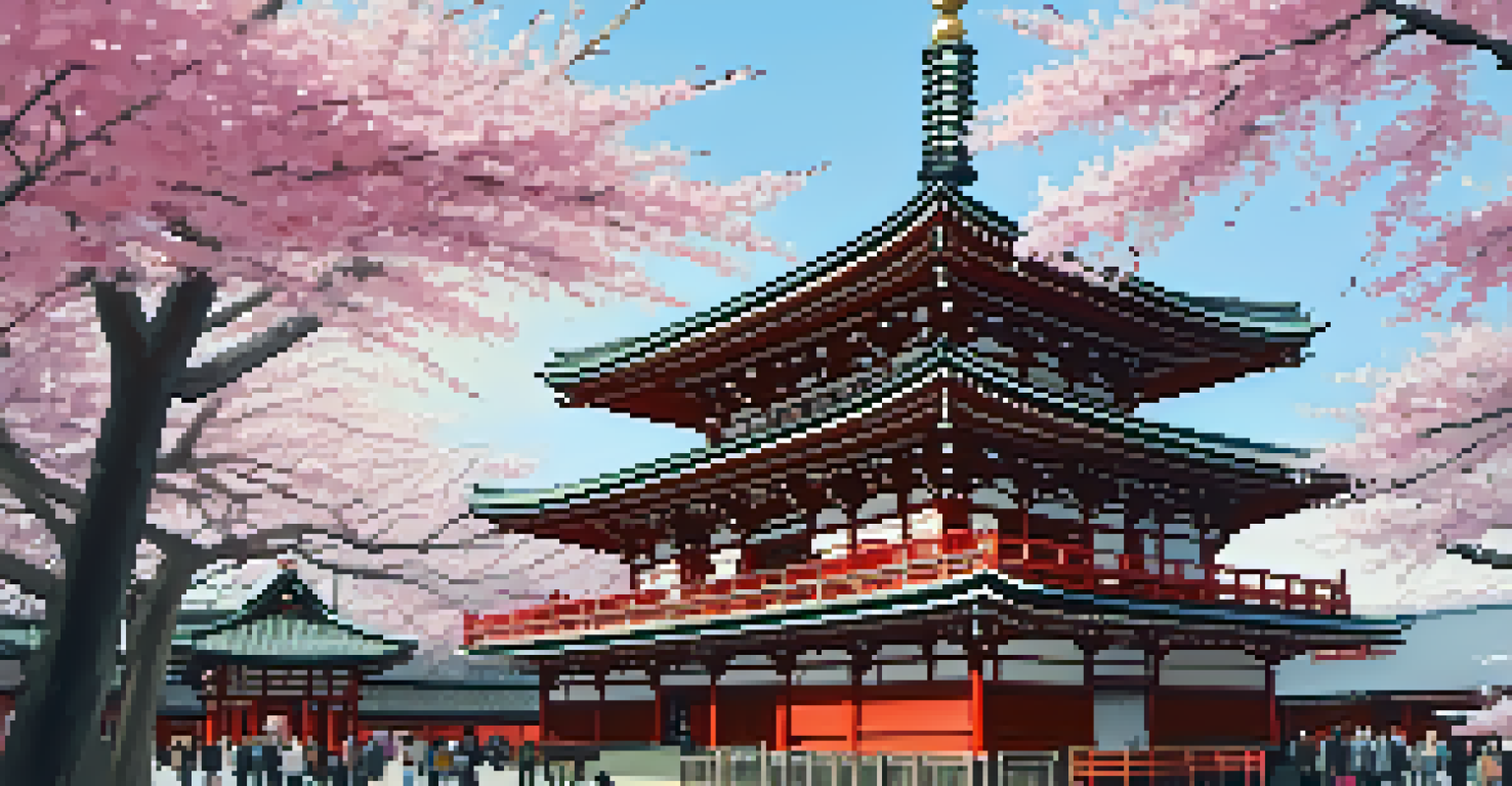 Senso-ji Temple in Asakusa, Tokyo, with cherry blossoms in bloom and visitors exploring the temple grounds.
