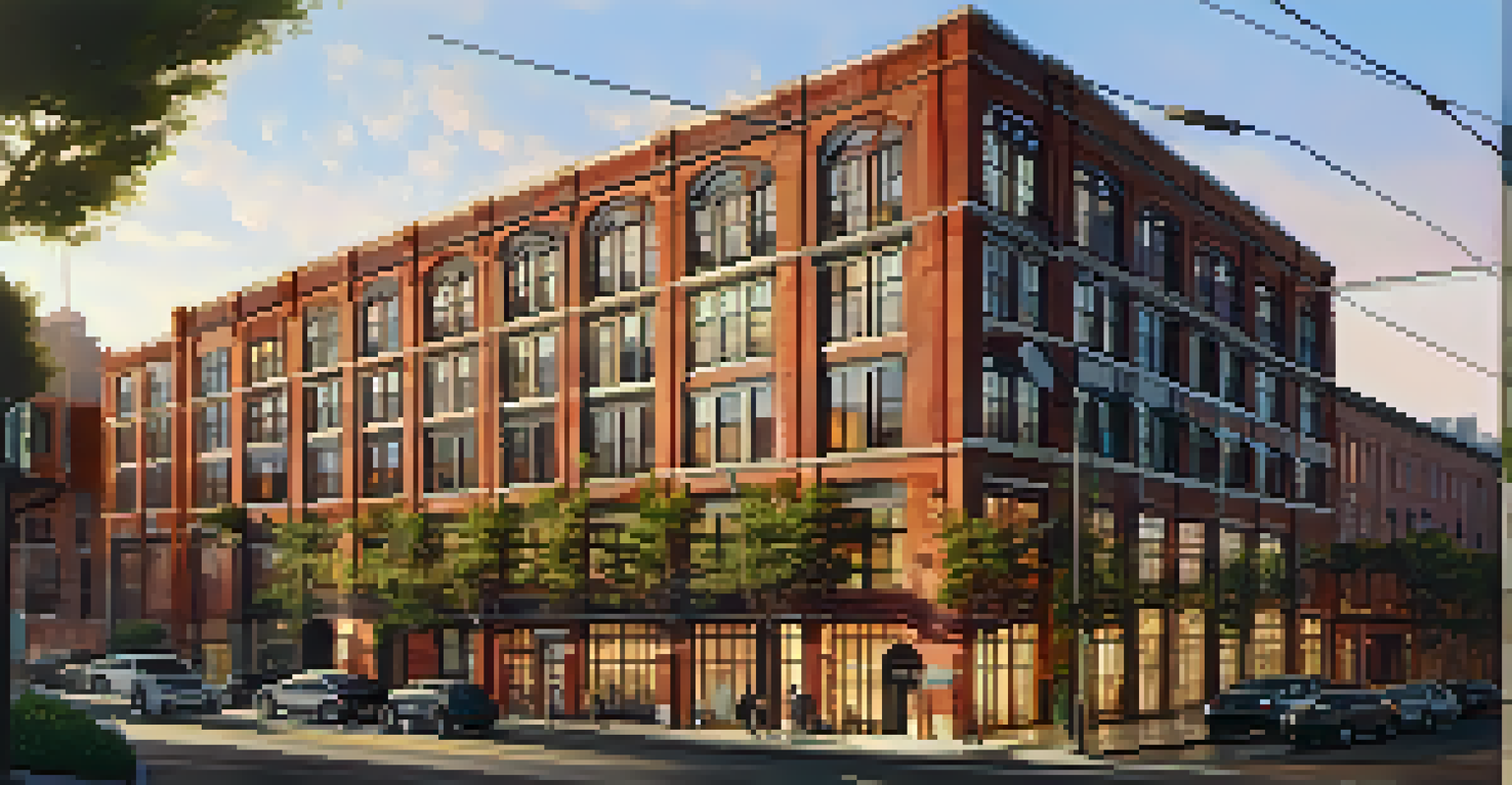 An old warehouse in San Francisco converted into modern apartments, surrounded by greenery and community areas in warm evening light.