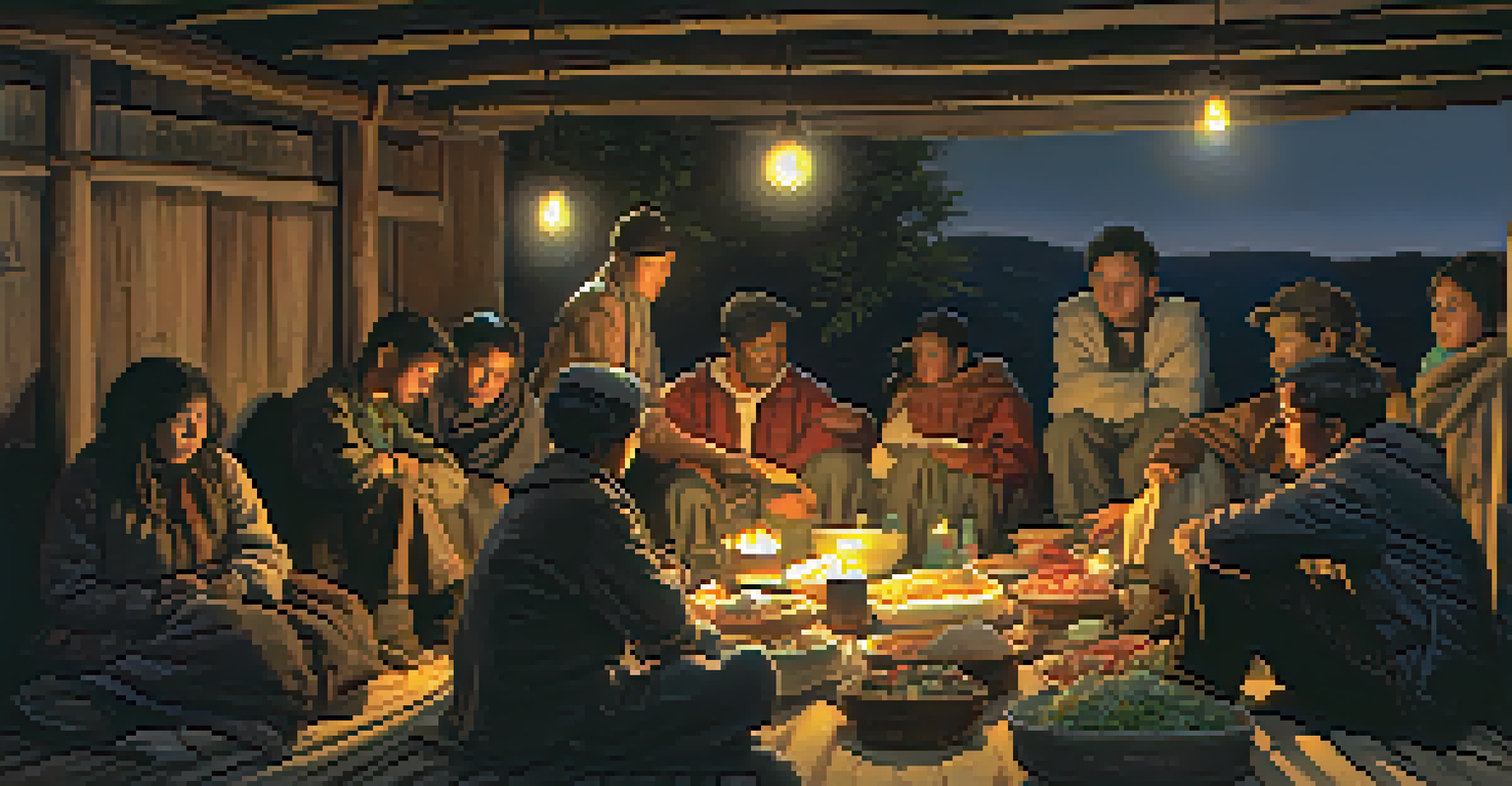 A community gathering in a makeshift shelter after the 1906 earthquake, showing individuals sharing food and offering comfort in a warm atmosphere.