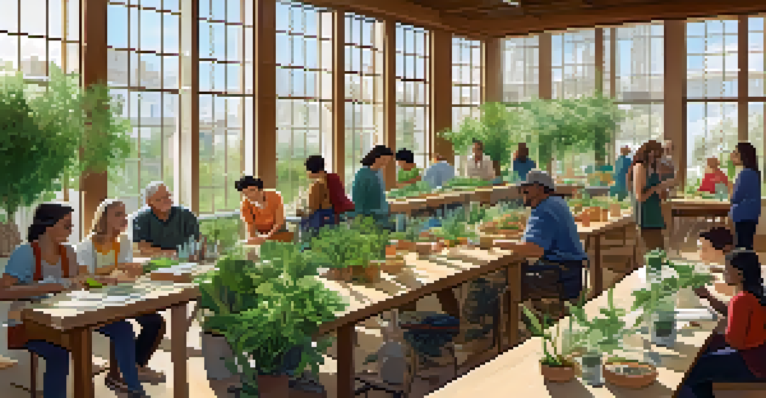 A community workshop with residents discussing sustainability, surrounded by plants and educational materials in a bright space.