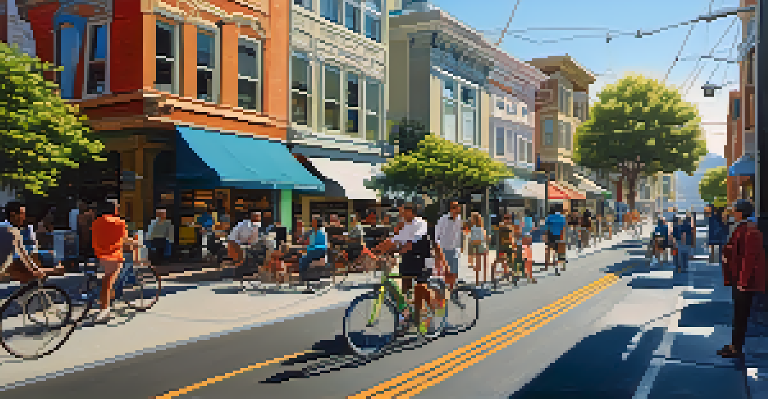A lively street scene in San Francisco with people commuting and green spaces amidst tech offices and cafes.