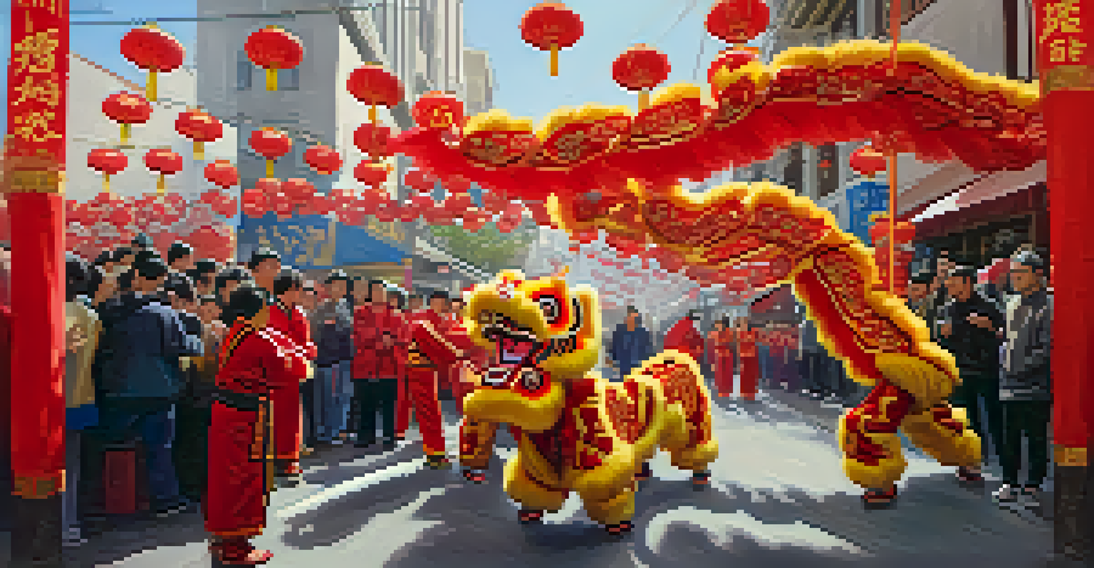 A traditional lion dance performance during the Chinese New Year Festival in San Francisco with vibrant costumes and decorations.