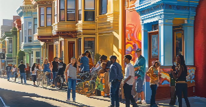 A lively street scene in San Francisco's Mission District featuring colorful murals, street art, and diverse individuals in golden hour light.