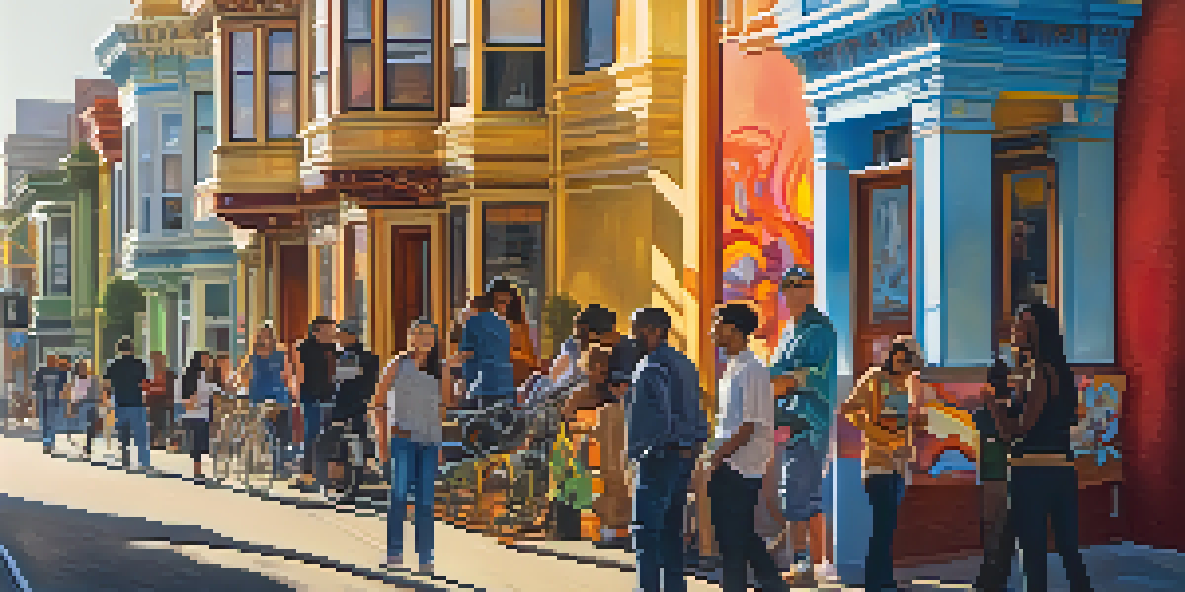 A lively street scene in San Francisco's Mission District featuring colorful murals, street art, and diverse individuals in golden hour light.