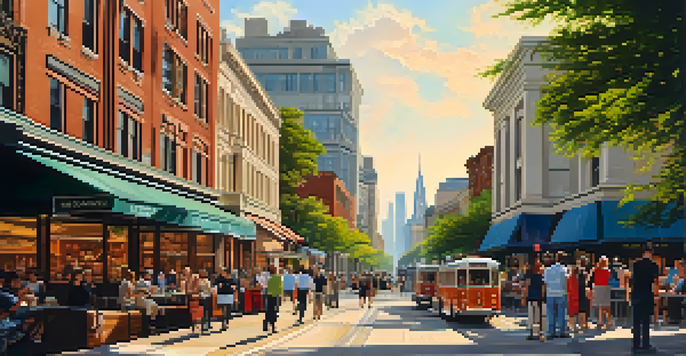 A busy urban street capturing the blend of modern buildings and historical architecture, with sunlight casting warm tones on the scene and people enjoying outdoor cafes.
