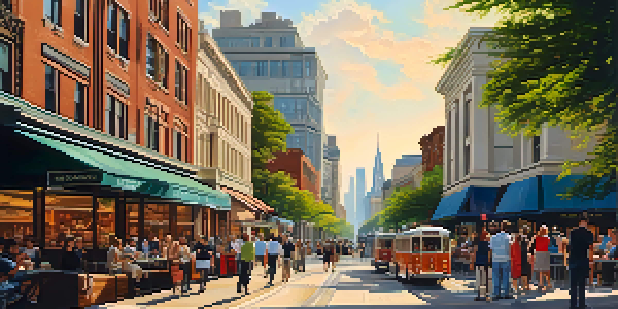 A busy urban street capturing the blend of modern buildings and historical architecture, with sunlight casting warm tones on the scene and people enjoying outdoor cafes.