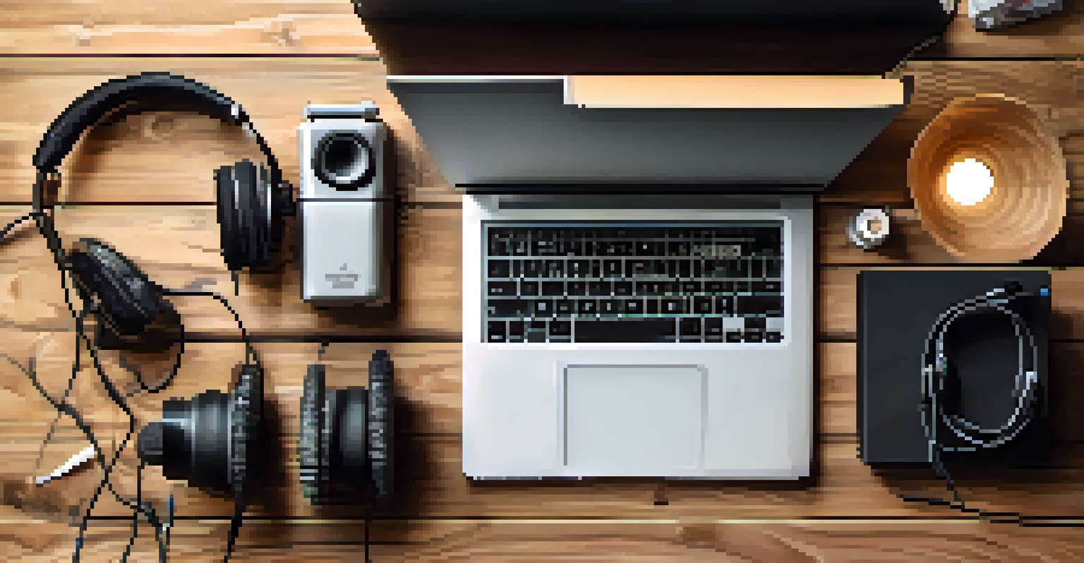 A flat lay of podcasting essentials like a microphone and headphones on a wooden surface.