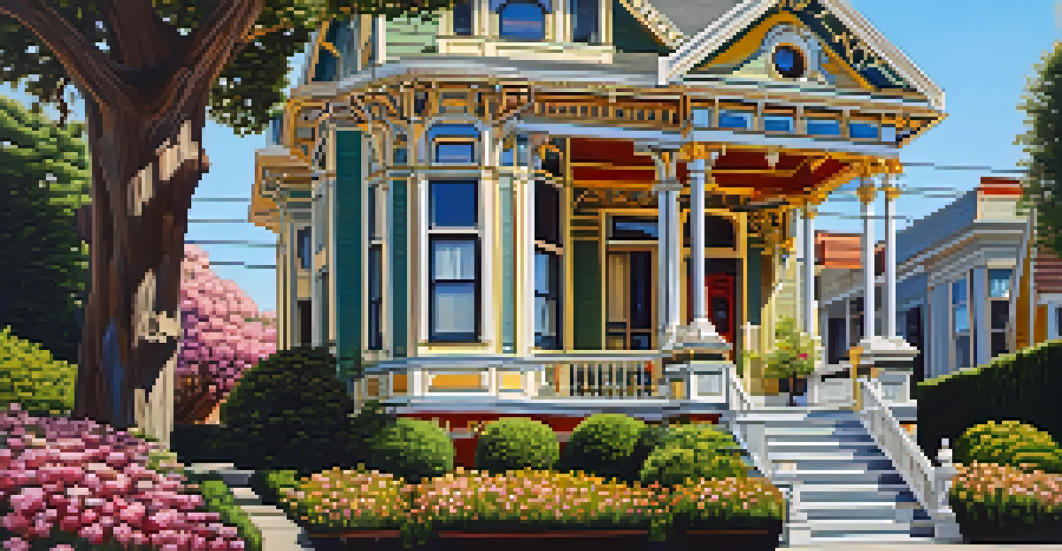 A historic Victorian home with intricate architecture and vibrant colors, surrounded by blooming flowers and a clear blue sky.