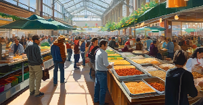 A lively food hall in San Francisco with vendors serving various dishes, illuminated by natural light.