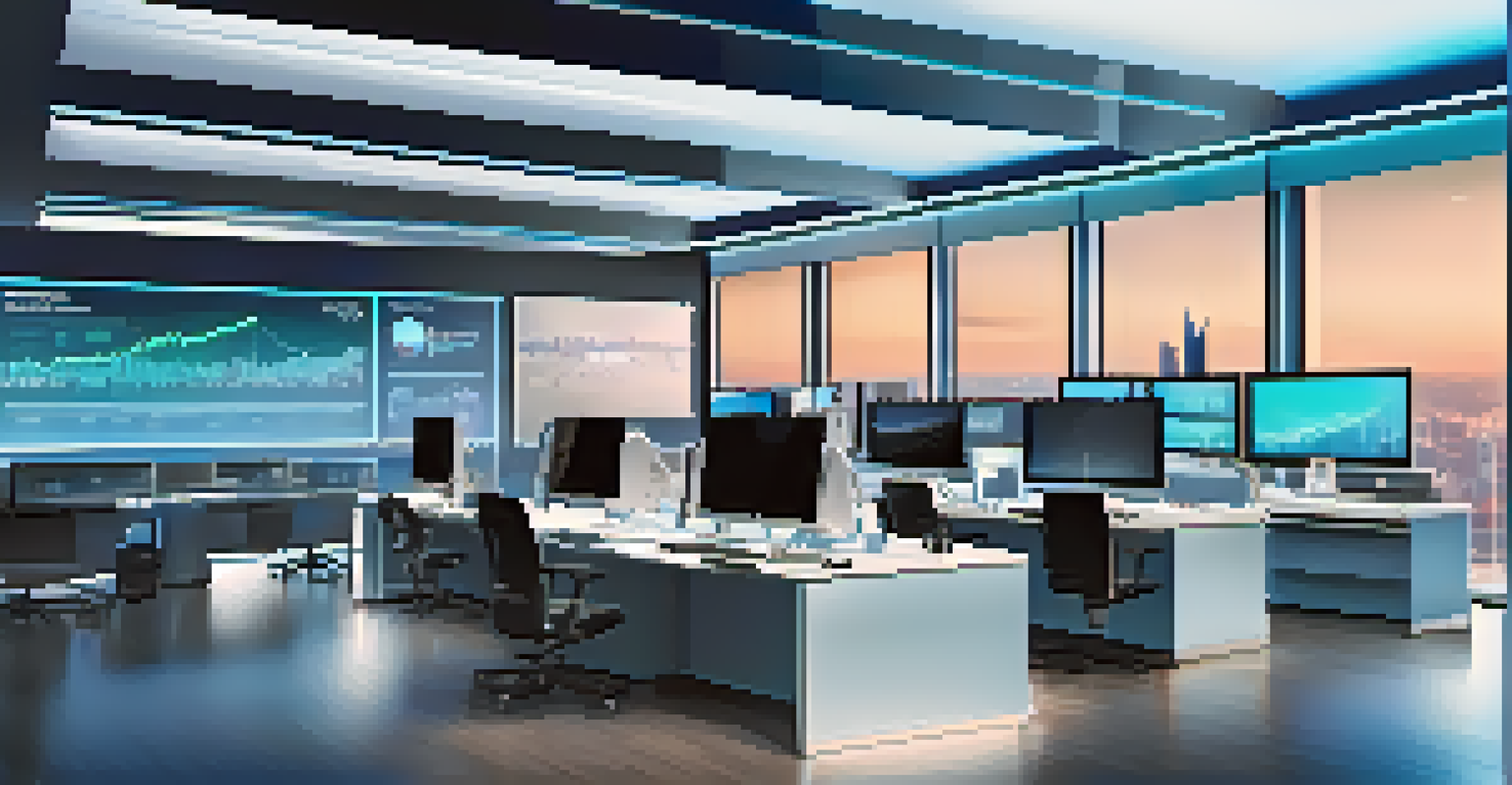 A modern fintech workspace with screens showing financial data and analytics in a sleek environment.
